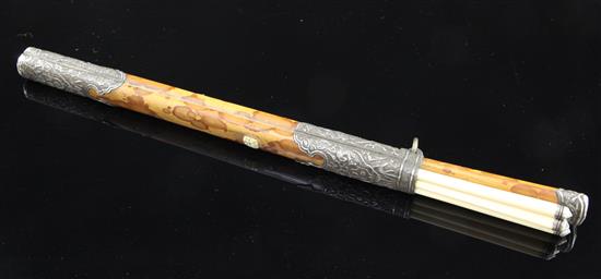 A South East Asian silver mounted bamboo knife and ivory chopstick set, 19th century, 30.5cm